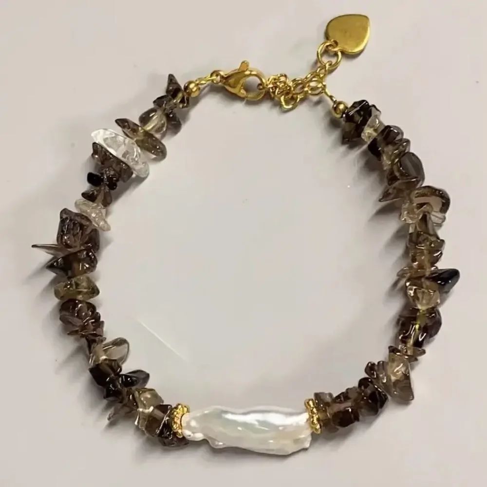 Smokey Quartz Chips Natural Freshwater Pearl Gold Tone Bracelet NWT